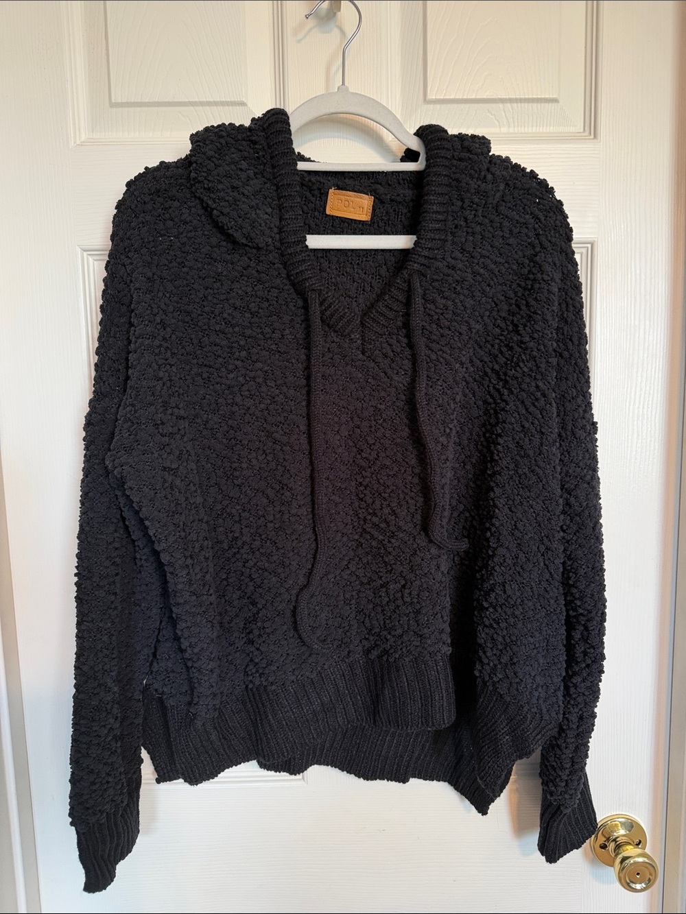 POL NWOT Black Popcorn Knit V-Neck Hooded Sweater
